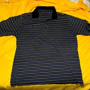 Greg Norman striped polo golf shirt top navy blue white Large L